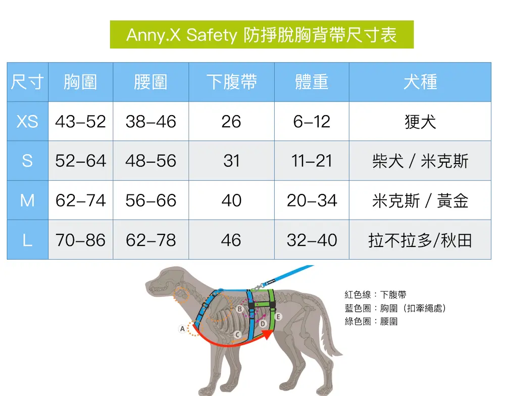 AnnyX Safety 防掙脫胸背帶尺寸表